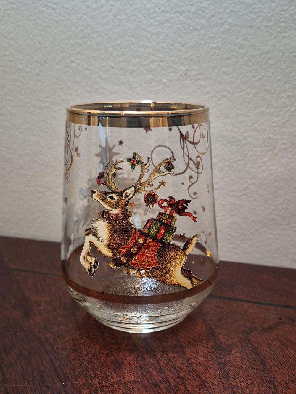 Williams Sonoma Gold-Trim Reindeer‎ Stemless Glass
